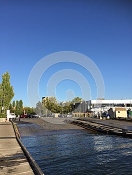 Downtown Kelowna, BC Canada. Boat launch and docks.