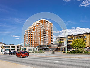 Downtown Kelowna BC Canada. High rises and new building construction. Modern apartment buildings