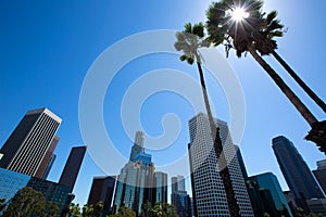 Downtown LA Los Angeles skyline California from 110 fwy