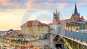 Downtown Lausanne city skyline in Switzerland