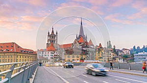 Downtown Lausanne city skyline in Switzerland