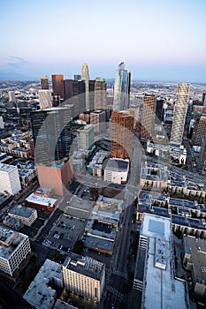 The downtown Los Angeles California and the city traffic at dusk