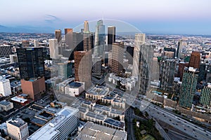 The downtown Los Angeles California and the city traffic at dusk