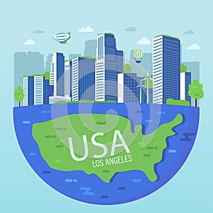 Downtown Los Angeles.Skyline american city.Usa map.Green city concept.