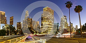 Downtown Los Angeles skyline cityscape with skyscrapers at twilight panorama in California in the United States