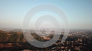 Downtown Los Angeles Skyline, Drone Aerial View of City in Haze, California USA
