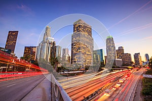 Downtown Los Angeles skyline during rush hour