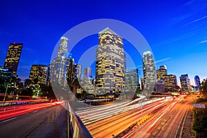 Downtown Los Angeles skyline during rush hour