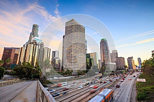 Downtown Los Angeles skyline during rush hour