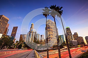 Downtown Los Angeles skyline during rush hour