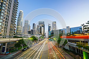 Downtown Los Angeles skyline during rush hour