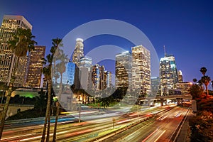 Downtown Los Angeles skyline during rush hour