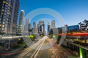 Downtown Los Angeles skyline during rush hour