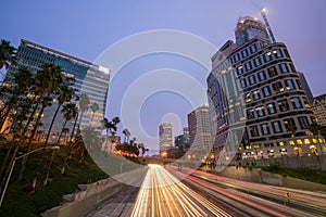 Downtown Los Angeles skyline during rush hour