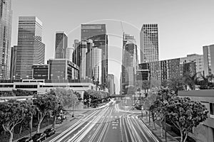 Downtown Los Angeles skyline during rush hour