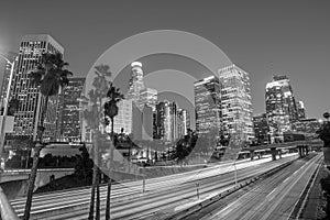 Downtown Los Angeles skyline during rush hour