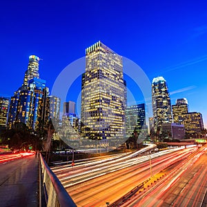 Downtown Los Angeles skyline during rush hour