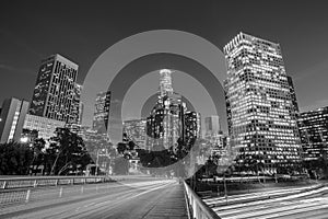 Downtown Los Angeles skyline during rush hour