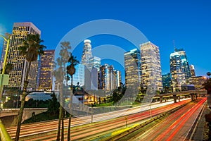 Downtown Los Angeles skyline during rush hour