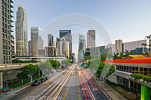 Downtown Los Angeles skyline during rush hour