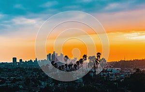 Downtown Los Angeles skyline at sunset