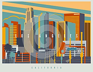 Downtown Los Angeles in vector. Cityscape of LA in retro style colors and stylization, vintage design illustration. USA