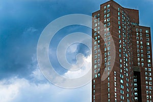 Downtown Manhattan high-rise apartment building on a cloudy and overcast day, Manhattan, New York City, NY