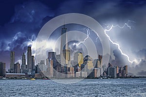 Downtown Manhattan skyline under a coming storm, New York City - USA