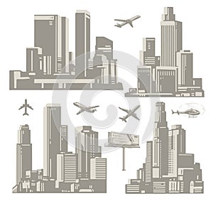 Downtown metropolis set stickers monochrome