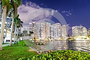 Downtown Miami lights from Brickell Key at night, Florida