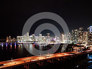 Downtown Miami Skyline at night by drone aerial