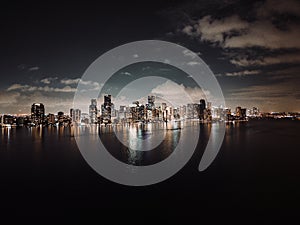 Downtown Miami Skyline at night by drone aerial