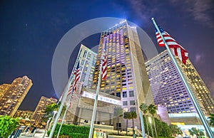 Downtown Miami skyscrapers from Bayfront Park at night