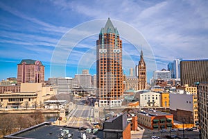 Downtown Milwaukee city skyline cityscape of Wisconsin in USA