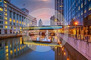 Downtown Milwaukee city skyline cityscape of Wisconsin in USA