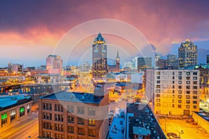 Downtown Milwaukee city skyline cityscape of Wisconsin in USA