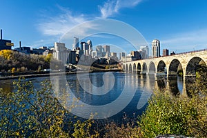 Downtown Minneapolis, Minnesota as seen from the famous stone arch bridge