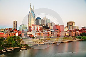 Downtown Nashville cityscape in the evening