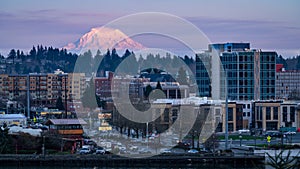 Downtown Olympia Washington With Mount Rainier In The Background During Sunset