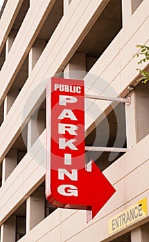 Downtown Parking Garage Red Arrow Sign Points to Park