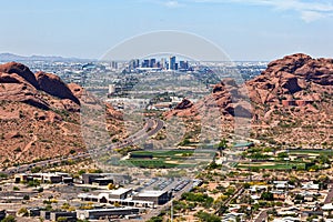 Downtown Phoenix aerial view from between the the Papago Buttes