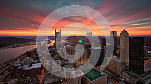 Downtown Pittsburgh skyline at sunset