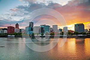 Downtown Portland cityscape at the sunset time