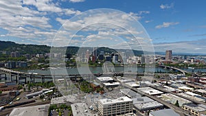 Downtown Portland Oregon City Skyline Aerial Drone Sunny