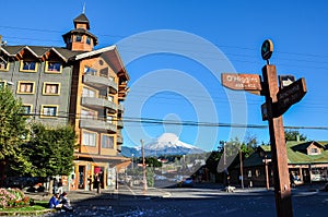 Downtown Pucon with Villarrica Volcano, Pucon, Chile