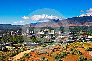 Downtown Reno skyline, Nevada, with hotels, casinos and surrounding mountains