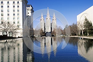 Downtown Salt Lake city with Temple Square, home of Mormon Tabernacle Choir during 2002 Winter Olympics, UT