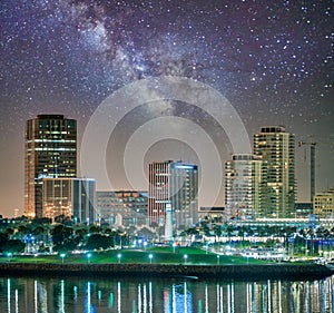 Downtown San Diego on a starry night, California. View from the city port