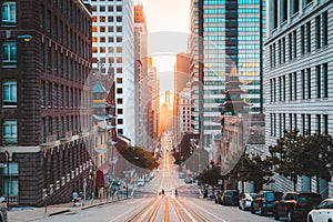 Downtown San Francisco with California Street at sunrise, San Francisco, California, USA