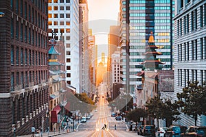 Downtown San Francisco with California Street at sunrise, San Francisco, California, USA